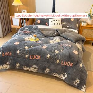 TEMU 【일상적인 편안함】 포근한 플러시 만화 곰 이불 - 두꺼운, 부드러운, 따뜻한 겨울 침구, 집이나 호텔용, 세탁기 사용 가능, 싱글 또는 더블 침대용 대형 사이즈, 