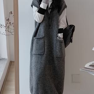 TEMU 여성용 우아한 V넥 민소매 드레스 - 가을 겨울 캐주얼 & 정장용 긴 루즈핏 풀오버, 부드럽고 신축성 있는 솔리드 컬러, 편안한 니트웨어|나시원피스|민소매원피스