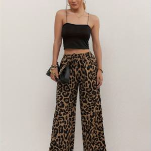 TEMU 여성용 하이웨이스트 프린트 와이드 레그 팬츠 - 신축성 있는 허리밴드, 빈티지 스타일, 레그 핏, 캐주얼하고 다용도로 사용할 수 있는 모든 계절에 적합, 포켓이 있는 여성용 패션용