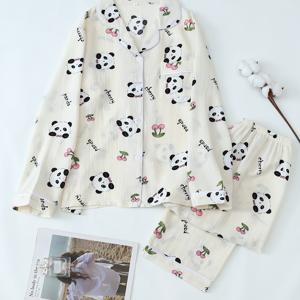 TEMU 여성 캐주얼 판다 프린트 긴팔 옷깃 잠옷 세트, 폴리에스테르 원단 버튼 플래킷 크롭 팬츠, 가을/겨울 성인 잠옷