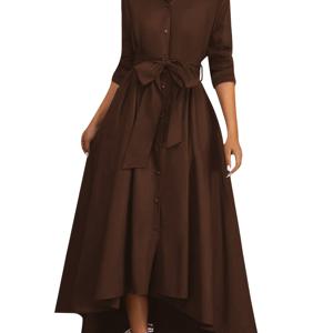 TEMU 여성용 그린 A라인 맥시 드레스 - 칼라 & 롱 슬리브 겨울 드레스, 구조적 버튼 프론트 허리, 롱 길이 포멀/캐주얼 아웃핏 (스트레치 없음) - 파티, 웨딩용, 손세탁/드라이클리닝