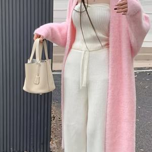 TEMU 단색 컬러 오픈 프런트 니트 가디건, 우아한 롱슬리브 미디 가디건 (봄 & 가을), 여성 의류