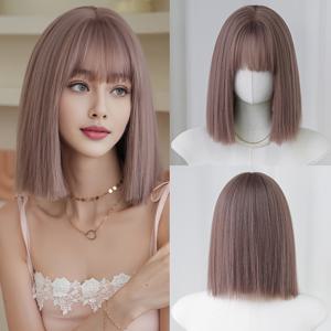 TEMU 여성용 핑크 & 브라운 우아한 14인치 짧은 밥 가발 - 고밀도, 내열성 합성 머리카락