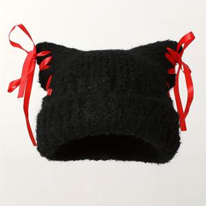 TEMU 레드 리본 장식이 있는 여성용 경량 비니 모자 - 캐주얼 및 정장용 블랙 겨울 따뜻한 스트레치 디자인, 스타일리시하고 편안한 착용감