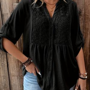 TEMU 플러스 사이즈, 여성용 레이스 트림 캐주얼 버튼업 셔츠 롤드 슬리브