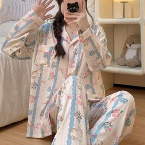 TEMU 여성용 긴 바지와 긴 소매가 있는 파자마 세트, 2024년 한국 및 일본 스타일 가을 겨울 신상 편안하고 부드러운 캐주얼 오픈 가디건, 파란 줄무늬, 만화 고양이, 리본 및 꽃 프린트, 사계절 내내 착용 가능, 루즈하고 외출용|잠옷|가디건|파자마