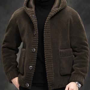 TEMU 남성용 양면 인조 퍼 후드 재킷 - 캐주얼 겨울 코트, 드롭 숄더 소매, 방풍 및 보온, 단색, 단추 클로저, 겨울 의류