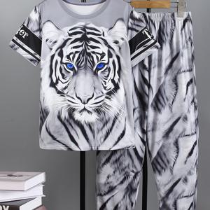 TEMU 120-170 소년용 투피스 세트, 멋진 화이트 호랑이 프린트 반팔 라운드 넥 티셔츠 + 호랑이 패턴 프린트 바지, 봄 여름 가을 캐주얼 의상, 일상 활동을 위한 패션 선물, 야외 활동에 완벽, 소년 의상, 아들 옷, 소년 트랙슈트 세트