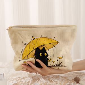 TEMU 만화 우산 고양이 패턴 프린트 코듀로이 지퍼 메이크업 가방, 가벼운 메이크업 가방, 메이크업 가방, 내부 안감이 있는 다기능 화장실 가방
