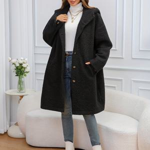 TEMU 여성용 플러스 사이즈 캐주얼 플리스 재킷, 폴리에스테르 95%, 스판덱스 5% 블렌드, 단색, 라펠 칼라, 약간의 스트레치, 직조 직물, 포켓이 있는 가을/겨울용 긴팔 코트