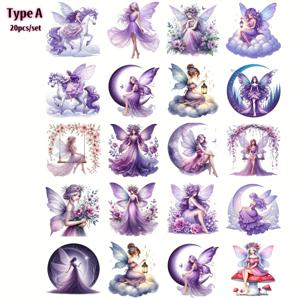 TEMU 20pcs 판타지 페어 스티커 세트, 재사용 가능한 보라색 자체 접착용 종이 데칼, 자수 장식이 있는 매트 핏, 스크랩북, 저널링, 사진 앨범, DIY 공예, 잡지 장식