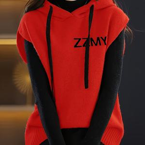 TEMU 여성용 민소매 후드 조끼 - 우아한 루즈핏 레드/블랙 컬러 블록 ZAMY 글자 디테일, 사계절 캐주얼 & 포멀룩에 어울리는 베스트, 중간 탄력성