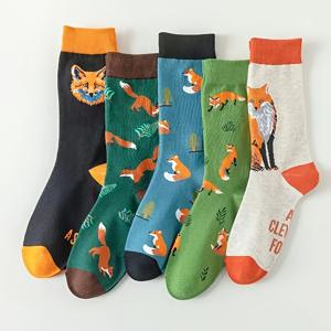TEMU 카툰 여우 양말 5켤레, 신개념 스트리트 스타일 미드칼프 양말, 스타킹 및 양말