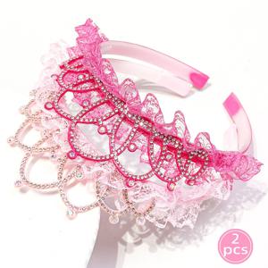 TEMU 1/2/4pcs 핑크 레이스 라인스톤 3D 크라운 헤드밴드 소녀 헤어 액세서리 - 기하학적 패턴, 폴리에스터 및 레진, 전년 전월 일상 및 캐주얼 착용, 크리스마스, 마르티 그라스 및 학교 행사에 완벽, 소녀용 크라운, 학교 행사 헤어웨어, 장식 헤드밴드, 내구성 헤어장