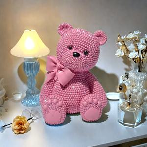 TEMU 1개 핑크 비즈 리본 피규어 - 표현력이 뛰어난 눈의 리얼한 레진 곰, 부드러운 핑크색 리본 & 코, 홈 데코를 위한 이상적인 선물, 크리스마스, 발렌타인데이, 생일, 선물로 완벽