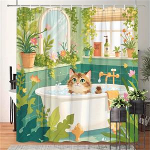 TEMU 1개의 아늑한 욕실 샤워 커튼 장난기 넘치는 욕조 속의 얼룩말 고양이, 녹색 식물과 꽃이 있는 정글 같은 환경, 욕조용 홈 장식, 폴리에스터 욕실 장식, 12개의 후크 포함, 70.8x70.8인치