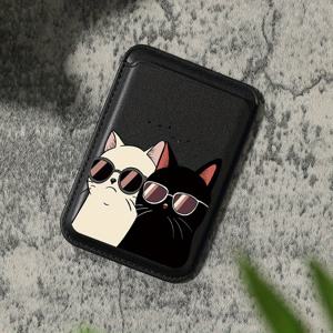 TEMU 아이폰을 위한 고급 화려한 아름다운 만화 고양이 패턴 인조 가죽 자석 카드 홀더 아이폰 16 15 14 프로 맥스 KA1 인조 가죽 지갑 부착물, 1-2개의 카드를 보관, 내장 보안 포켓이 장착되어 있습니다.