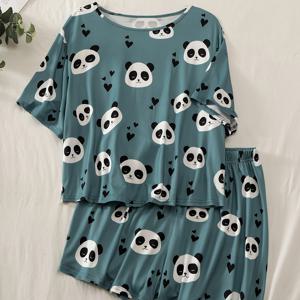 TEMU 여성용 판다 프린트 반팔 파자마 세트 - 캐주얼, 신축성 있는 원단, 봄/여름/가을 잠옷, 성인용 사이즈, 동물 패턴, 편안한 라운지웨어, 라운지웨어 세트|재미있는 디자인|신축성 있는 원단