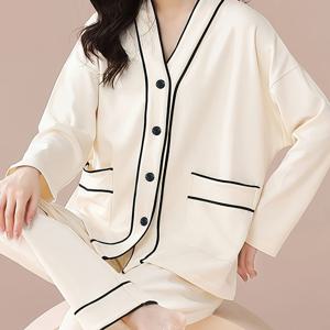 TEMU 여성용 가을/겨울 파자마 세트, 캐주얼, 간단, 달콤, 홈웨어, 버튼, 단색, V넥, 긴팔, 정상 길이, 성인용, 봄/가을, 투명하지 않음, 폴리에스터, 40g/㎡ 재질 무게