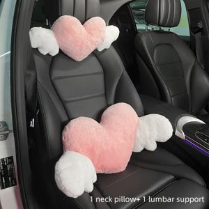TEMU 여성용 자동차 목베개 & 요추 지지대 2개 세트, 날개 달린 사랑의 아름다운 패션 모델링, 경추 및 요추 보호, 편안한 승차감