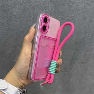TEMU 귀여운 캔디 컬러 젤리 투명 카드 슬롯 폰 케이스, 짧은 끈 포함, 아이폰 17 에어 16 15 14 11 프로 맥스 TPU 백 커버