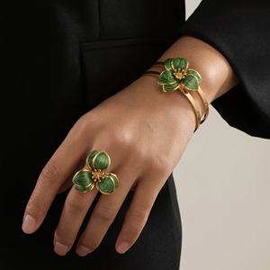 TEMU 여성용 보석 세트, 휴가 스타일, 녹색 드롭 오일 꽃 팔찌, 반지 세트, 데이 결혼식 선물