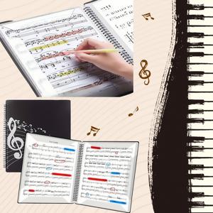 TEMU 프로페셔널 등급 A4 블랙 스파이럴 뮤직 바인더 | 양면 20장, 40페이지 피아노/기타/바이올린 악보 보관용 비반사 스파이럴 노트북 | 조절 가능한 탭 포함, 내구성 있는 음악 테마 디자인