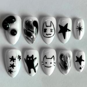 TEMU Y2K 네일 프레스온 10개 세트 - 흰색에 검은 고양이 & 별 디자인, 광택 마감, 손톱 파일 및 젤리 접착제 포함, 손발용 재사용 가능 인조네일, 장난스러운 네일 아트 | 내구성 있는 프레슨, 네일 테크 용품|네일아트|네일재료