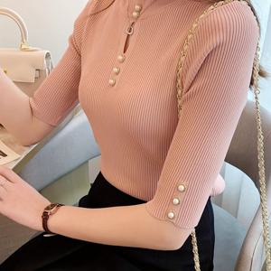 TEMU 2025년 신상, 가을, 여름용 미디엄 슬리브 다용도, 우아한 세미 하이넥, 레이스, 반팔 니트, 한국 스타일, 업무복, 패셔너블, 슬림핏 매력적인 탑