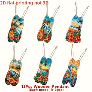 TEMU 2D 플랫, 12개 세트, 하와이안 서핑 스케이트보드 테마 목재 펜던트 - 3D가 아닌 2D 평면 인쇄, 야자수와 히비스커스 꽃, 파도가 있는 생동감 넘치는 열대 해변 풍경 - 여름 파티, 집, 사무실 및 휴일 장식에 완벽한 2D 플랫