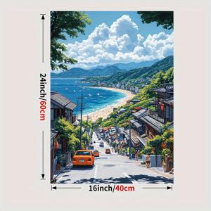 TEMU [2D 플랫] 1pc 일본 해변 풍경 캔버스 아트 - 전통적인 집과 파란 바다가 있는 생동감 있는 해안 풍경, 프레임 없는 벽 장식, 집, 축제 및 해변 애호가를 위한 완벽한 선물, 해변 장면 장식 | 일본 스타일 아트 | 문화 예술 작품, 해변 테마 장식