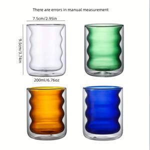 TEMU 4개 세트 (200ml/6.76oz) 더블 레이어 스파이럴 유리잔, 네 가지 색상/투명, 노랑, 초록, 파랑 - 보로실리케이트 내열 유리컵/아이스커피, 우유, 주스 등에 적합 - 독특한 불규칙 모양 디자인 - 홈 키친, 생일 또는 크리스마스 선물용 | 현대적인 음료 잔 | 투명 컵, 커피 바 액세서리