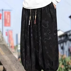 TEMU 남성용 코듀로이 캐주얼 와이드팬츠 - 중국 드래곤 자수 & 비즈 태슬 끈, 린넨 스타일 블랙 겨울 바지, 세련된 겨울 패션, 디테일한 자수, 고품질 스티칭, 추위에 적합한 시즌 트렌디 팬츠