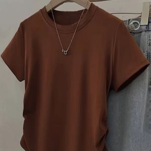 TEMU 여성용 브라운 반팔 티셔츠 - 하이스트레치 라운드넥 캐주얼 탑, 스모크 칼라 & 러플 헴, X-라인 슬림핏 (허리 라인 강조) - 여름용 브라운 셔츠 (청바지/드레스 매치), 손세탁 가능한 솔리드 컬러 블라우스