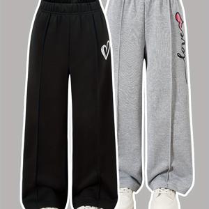 TEMU 투팩 - 여아용 120-160cm 여름 신상 패션 솔리드 컬러 하트 프린트 캐주얼 레그 와이드 팬츠, 아웃도어에 완벽|여름바지