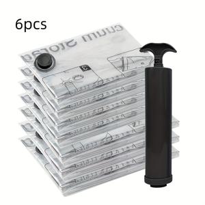 TEMU 6개 세트 헤비듀티 진공 보관백 - 핸드 펌프 포함, 옷·침구·여행용 공간 절약 압축 봉투, 누수 방지 지퍼 잠금, 쌓기 가능 디자인, 투명 라인 표시, 전기 불필요, 내구성 플라스틱 정리백, 홈·옷장·캐리어 수납, 강화 솔기로 학생용