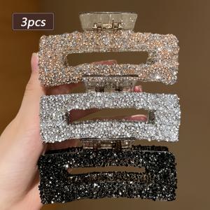 TEMU 3개입 여성용 오버사이즈 라인스톤 스타일 헤어클립, 업스타일 & 캐주얼 룩을 위한 신상 샤크 클립