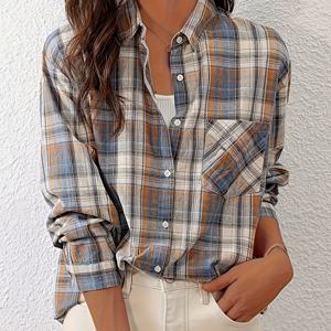 TEMU 여성용 우아한 체크 셔츠 - 베이지/블루 클래식 버튼 프론트 블라우스, 사무실 및 캐주얼·포멀 이벤트용 세탁기 사용 가능, 비침 방지 롱셔츠, 봄/가을/여름 일상 & 특별 행사용, 여성 블라우스, 가을 워드로브, 통기성 소재, 다목적 탑, 전문가용