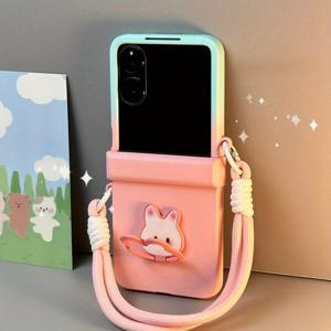 TEMU 갤럭시 Z 플립7, 갤럭시 Z 플립6, 갤럭시 Z 플립5, 갤럭시 Z 플립4, 갤럭시 Z 플립3용 힌지 사이드 버클 + 대비 컬러 3D 토끼 스탠드 + 캐리링 스트랩 휴대폰 케이스