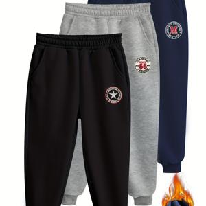 TEMU 3개 세트 남아용 포켓이 있는 플리스 자수 조거 팬츠, 가을 겨울용 일상 및 스포츠복, 두꺼운 보온 스포츠 바지, 아동용 야외 의류, 선물 추천|스포츠