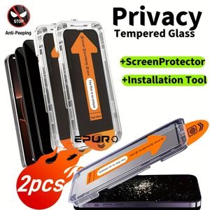 TEMU 이프로 2개 세트 프라이버시 강화유리 스크린 보호필름, 아이폰 15 프로 맥스/16 프로 맥스/16/16e/15/14/13/13 프로/12/11용, 안티스파이, 엿보기 방지, 자동 먼지 제거 키트, 원클릭 설치, 내구성 강화, 광택 표면, 비밀 보장