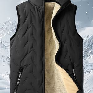 TEMU 남성용 민소매 스탠드 칼라 퀼트 조끼 재킷 - 블랙 & 베이지 겨울 따뜻한 지퍼 포켓, 가을 겨울 활동용 세탁기 사용 가능한 캐주얼 아웃도어 코트