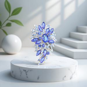 TEMU 1개 블루 플로럴 브로치, 반짝이는 라인스톤 & 실버 메탈, 갈라/볼룸 이벤트에 이상적, 패션 주얼리 액세서리, 고급스러운 플로럴 - 영감을 받은 핀, 새틴 이브닝 가운/샴페인에 어울리는 컬러드 샤울