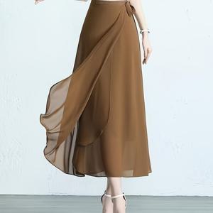 TEMU 여성을 위한 얇은 하이웨이스트 슬릿 랩 스커트, 배를 덮고 얇고 세련된 미드 레ング스 스커트를 만드는 원피스 레이스업 스커트와 치프론 스커트|여름원피스