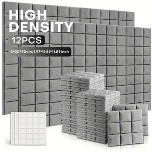TEMU 고밀도 방음 폼 보드 12개 세트, 12x12x2인치, 난연성, 소음 감소, 무료 양면 테이프 포함, 스튜디오, 녹음실, 사무실 및 벽 장식용