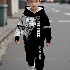 TEMU 2개 세트 남아용 화이트 타이거 디지털 프린트 디자인 긴팔 후드 스웨트셔츠 & 스웨트팬츠, 편안한 소재로 제작된 아동복 선물세트. 가을 겨울 캐주얼 스포츠웨어, 야외 활동에 완벽