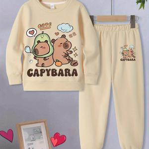 TEMU 새로운 가을 겨울용 키즈 카와이 캐주얼 만화 수달 후드티 & 팬츠 2피스, 여아용 루즈핏 귀여운 스웨트셔츠 세트, 놀이복, 's 의류, 만화 프린트, 카와이 패션, 쉬운 관리 원단, 부드러운 소재, 수달 옷장, 긴팔 세트, 여아의 워드로브, 어린이에게 완벽한 야외활동