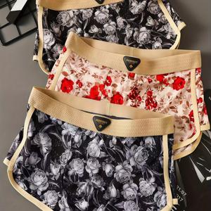 TEMU 3개 세트 여름 아이스 슬리키 섬유 남성용 박서 브리프 - 장미 프린트, 부드럽고 통기성 좋은 원단, 신축성 있는 허리밴드와 편안한 착용감, 스타일리시하고 트렌디한 디자인의 일상용