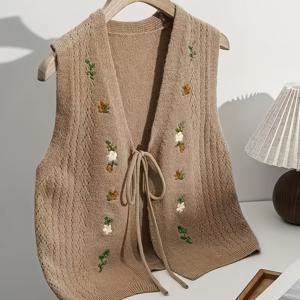 TEMU 여성용 우아한 조끼 - 플로럴 & 보우 장식, V넥 민소매 스웨터 코트, 비대칭 밑단 & 벨트 디자인, 봄/가을 아우터웨어, 베이지/브라운 톤, 핸드워시 가능한 스트레치 소재, 캐주얼부터 포멀까지 다양한 스타일링, 여성용 스웨터 재킷