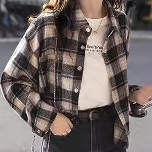 TEMU 여성용 빈티지 트위드 재킷 - 버튼 프론트 클로저가 있는 루즈핏 숏 코트, 브라운/블랙/화이트/그레이 체크 패턴 - 가을/겨울 레이어링 피스 - 일상 및 정장용 캐주얼 아우터웨어, 가을 패션, 레트로 스타일, 고품질 스티칭, 세련된 코트, 패션 애호가, 겨울 의류, 내구성 있는 원단, 사무실 착용